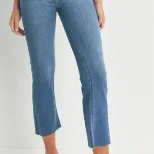 Just Black Denim High Rise Crop Flare Distressed Hem Jean Medium Denim