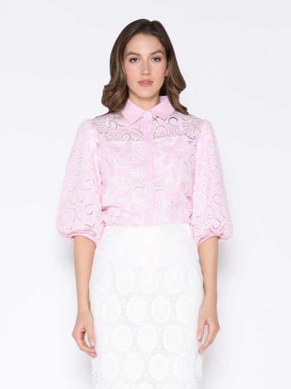 Garcia Floral Lace Puff Sleeve Striped Shirt