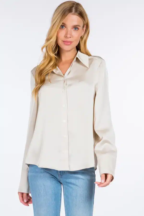 White room + Cactus Satin Button Down Stone